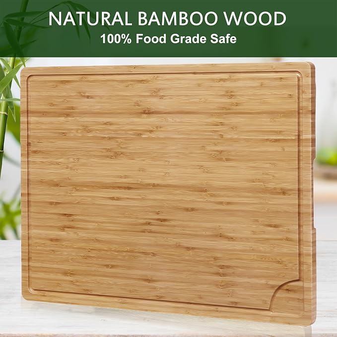 GarveeHome 24 in Extra Large Bamboo Cutting Board for Kitchen, Heavy Duty Wood Kitchen Stovetop Cover Chopping Board with Side Handles and Juice Groove, 100% Organic Bamboo