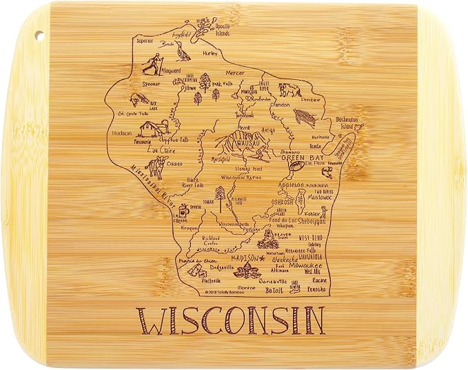 Totally Bamboo A Slice of Life Wisconsin Engraved Map Cutting Board | 11” x 8.75” charcuterie board with engraved state map artwork. Smooth reverse side for food prep. Hang tie for wall display.