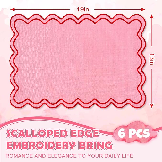 Whaline Pink Red Placemats Embroidered Scalloped Kitchen Place Mats for Wedding Baby Shower Party Home Dining Table Decor, Set of 6, 13 x 19 in