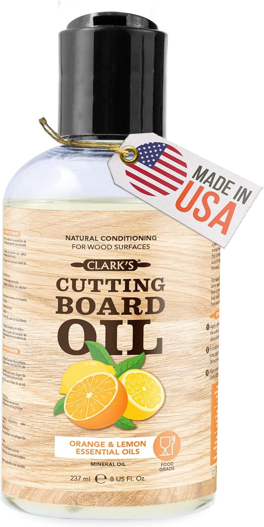 CLARK's Cutting Board Oil 8 oz, Food Grade Mineral Oil with Citrus Scent | Mineral Oil for Wood Cutting Boards, Butcher Blocks, Utensils, Lubricant for Knives. Soak for 3 Hours & Reapply Every 4 Weeks