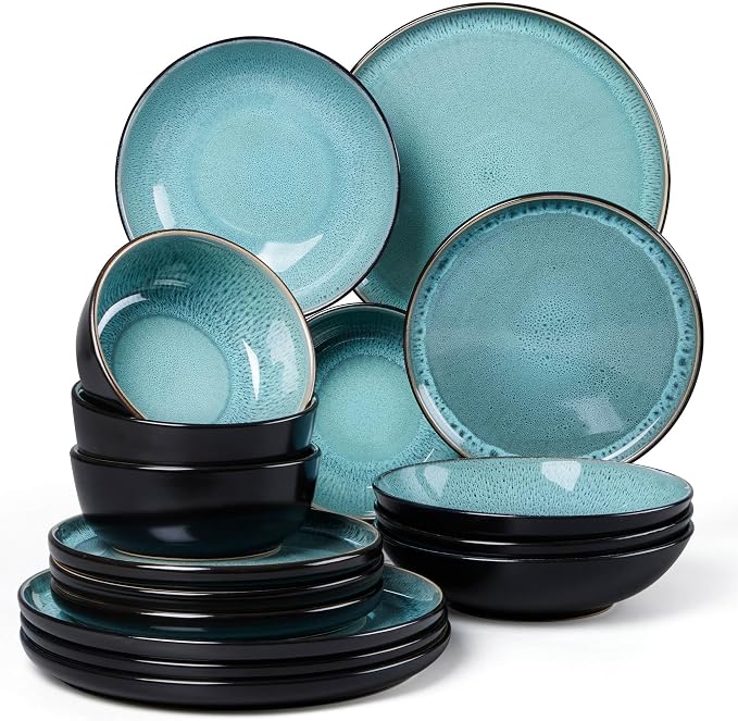 LIANYU Stoneware Dinnerware Sets with Pasta Bowls for 4, Pastel Turquoise | 16 Piece Plates and Bowls Dishes Set, Dishwasher Safe Dining Ware Dishware for Home Kitchen, Microwave Safe