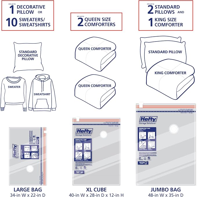 Hefty Shrink-Pak Starter Kit - 2 Large, 1 XL Cube, 1 Jumbo Vacuum Seal Storage Bag and Hand Pump – Space Saver Bags for Clothing, Pillows, Towels, or Blankets, 5 Pc Set