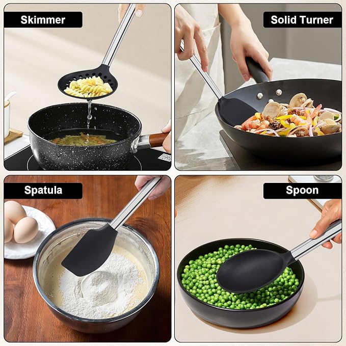 Vayvnt Silicone Cooking Utensil Set, 8-Piece, Heat Resistant to 480℉, Black | Kitchen Utensils with Stainless Steel Handle, Non Toxic, Non-scratch on Nonstick Cookware, Large Long Size, Dishwasher Safe
