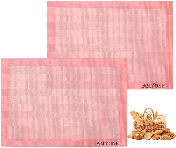 AMYONE Perforated Baking Mats, 2 PCS Pink Eclair Silicone Mat for Half Sheet, Non-Stick Reusable Oven Liners for Making Bread/Pizza/Pastry/Cookie 11 5/8" x 16 1/2", Sakura Pink