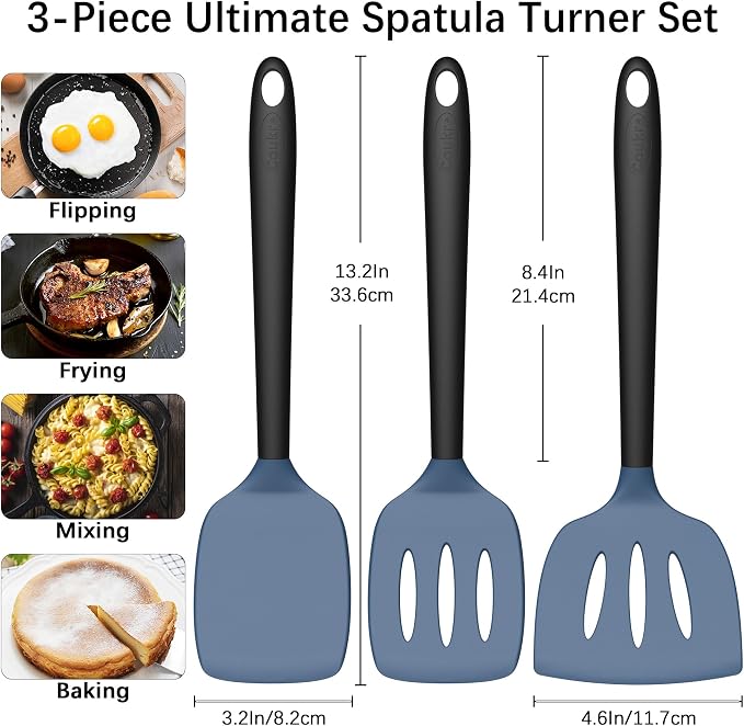 Coukre 3 Pack Silicone Spatula Set, Heat Resistant to 500°F, BPA-Free | Fish Spatula, Solid & Slotted Turners, Dishwasher Safe, Spatula Set for Eggs, Pancakes, Fish & Burgers, DarkBlueBlack