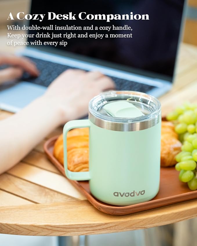 12oz Insulated Coffee Mug with Lid – Includes Two Lids, Stainless Steel Coffee Travel Mug with Handle, Double Wall Vacuum Insulated Camping Mug for Home, Office & Outdoor, Mint Green