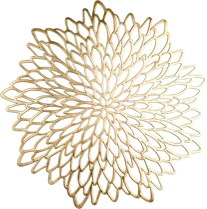 Snowkingdom Pack of 18 Gold Placemats Metallic Round Leaf Bulk Pressed Vinyl Dinning Kitchen Table Charger Mats Decorations for Mothers Day Wedding Party Birthday Event Holiday Christmas Thanksgiving