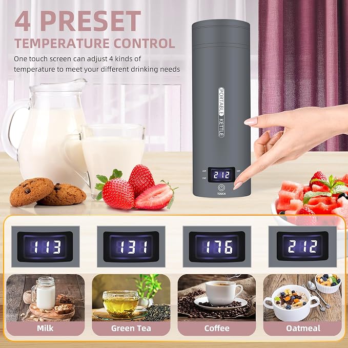 QRAGJBM Portable Electric Kettle Travel, 120V, 450ml, 4 Temperature Control | 304 Stainless Steel Lining, Auto Shut-Off, Boil Dry Protection, BPA-Free, Lightweight, For Hotel and Office（Grey）