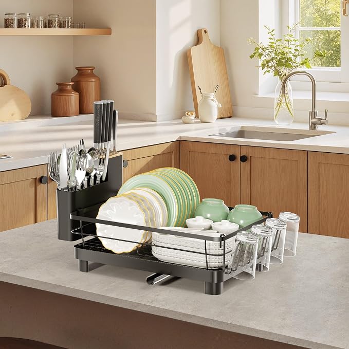 Runnatal Dish Drying Rack with Drainboard for Kitchen Counter and Sink | Large Dish Rack Rustproof Dish Drainer with Detachable 2-in-1 Utensil Holder, Extra Cup Holder, Black