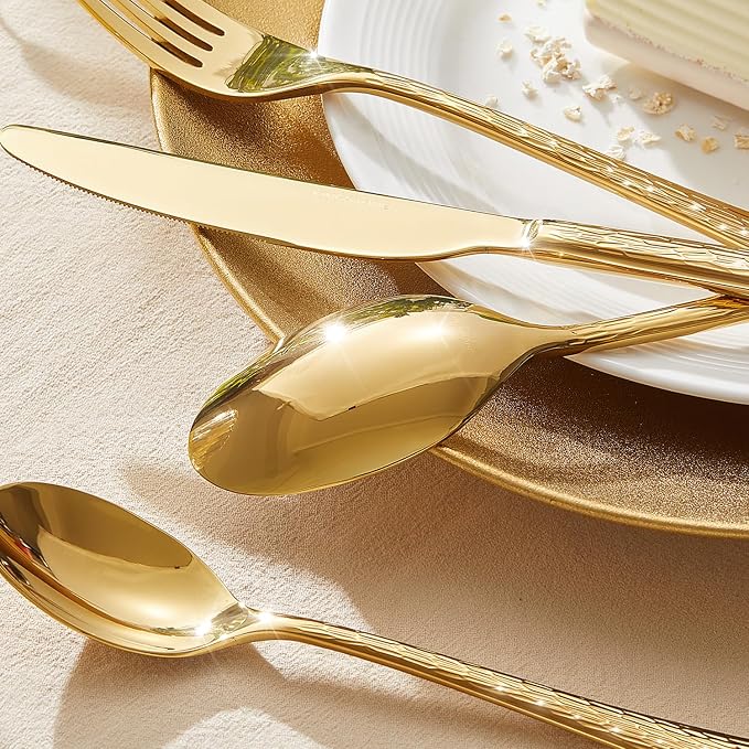 65 Piece Gold Silverware Set with Serving Utensils, 18/10 Stainless Steel | Hammered Ripple Handles, Serving Utensils, Dishwasher Safe, Rust Resistant, for Weddings, Parties & Holiday Dinners