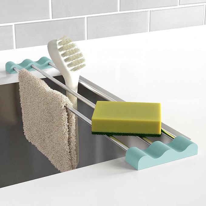 Tomorotec Adjustable Over-The-Sink Kitchen Rack, BPA-Free, Light Cyan | Holds 16.5 Lbs; For Dishcloths, Sponges, and Brushes - Heat-Resistant Stainless Steel with Slim, Expandable Design