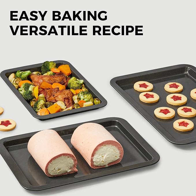 Ceramic Baking Sheet Pan Set of 3, Easy to Grab, Non-Toxic | Commercial Cookie Sheets for Oven, Nonstick Half/Jelly Roll/Quarter Baking Tray,Wider Gribs, Premium,Easy to Clean- Dark Grey
