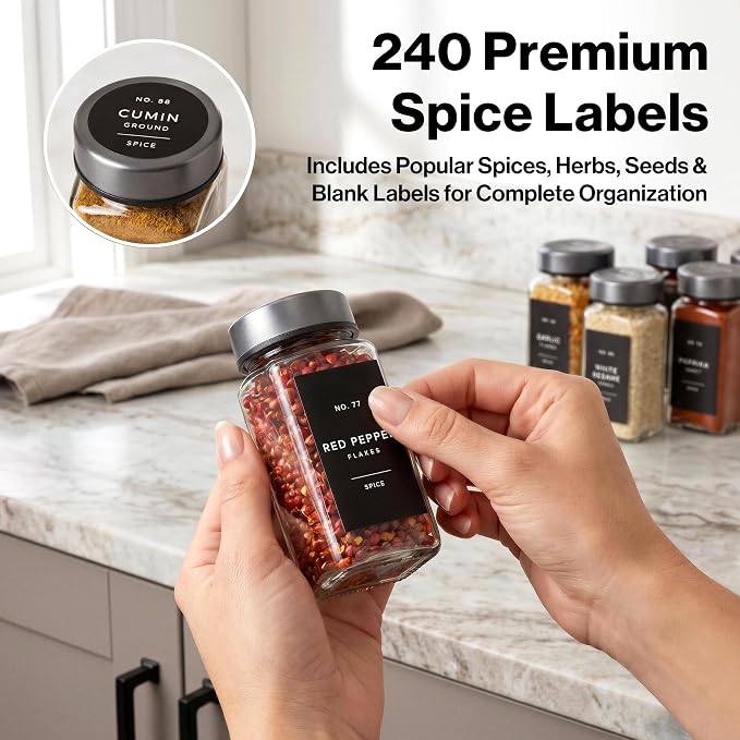 Glass Spice Jars with Label, 24x Space Gray Stainless Steel Lids | Airtight Lids keep spices fresh, Kitchen Spice Drawer Organizer, 4oz Seasoning Containers incl. Funnel, Brush & 240 Labels