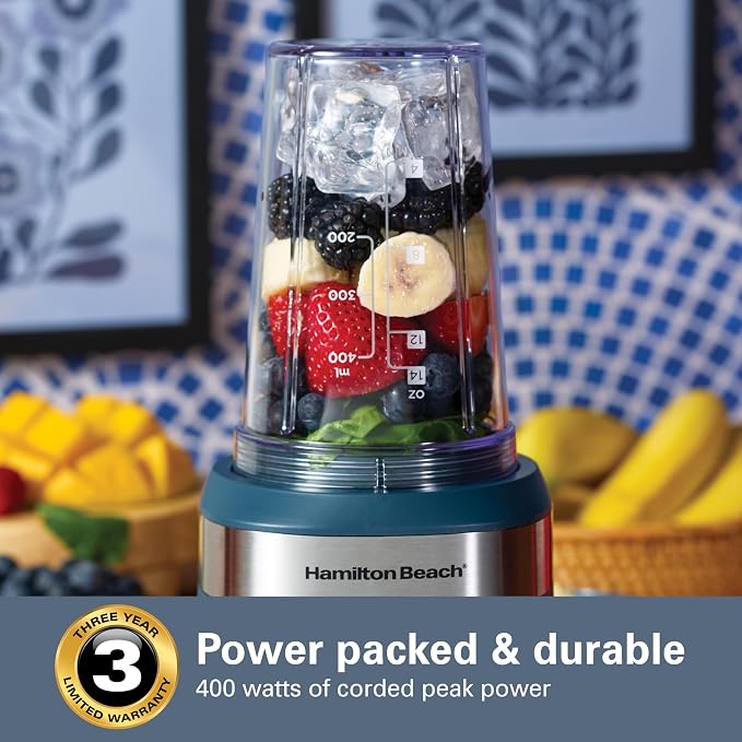Hamilton Beach Portable Blender for Smoothies With 2 Blend & Go Jars | 2 14 oz. Personal Blender Jars and Lids | Powerful 400 Watt Motor | Stainless Steel Blades | Kitchen Makeover Blue | 51202J
