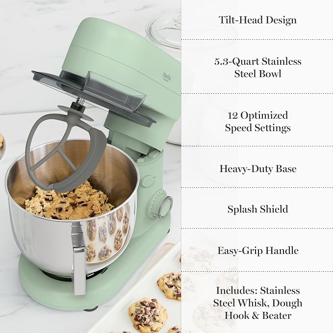 Martha Stewart 5.3QT Tilt Head Stand Mixer, 12 Speeds, Stainless Steel Bowl | Dough Hook, Stainless Whisk, Beater, Removable Splash Shield, Bread, Cake & Whipping, Electric Kitchen Mixer, Honeydew Green