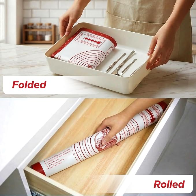 XL Silicone Pastry Mat for Baking Dough Mat, Extra Large 28x20 inches Red | Non-Stick & Non-Slip Dough Mat for Rolling Out with Measurements, Bread, Pizza, Pie Crust, Cookies, Fondant Oven Safe
