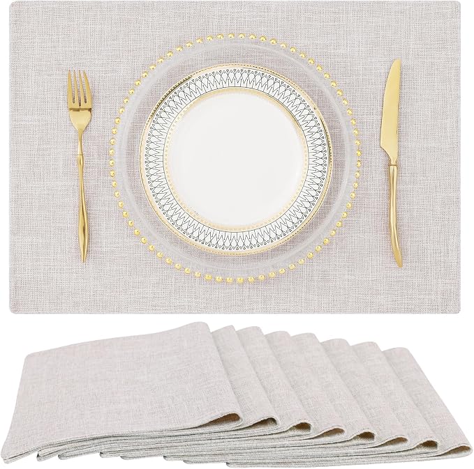 Faux Cotton Linen Placemats Set of 8, Cloth Washable Farmhouse Dining Table Mats for Indoors & Outdoors, Easy to Clean, Neutral Beige, 13 x 19 Inch