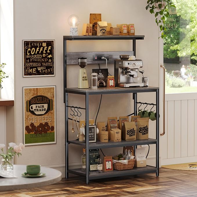 SUPERJARE Bakers Rack with Power Outlets, Microwave Stand, 31.5 X 16.5 Inch Larger Desktop, Kitchen Storage Rack with Adjustable Middle Shelf, 6 S-Shaped Hooks, Coffee Bar Stand, Grey