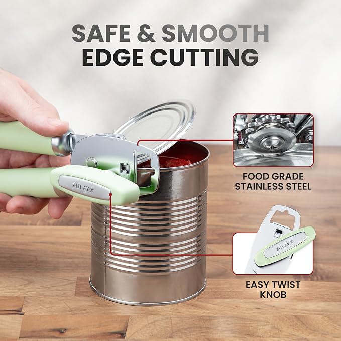 Zulay Kitchen Heavy Duty Stainless Steel Can Opener Manual with Bottle Opener - Rust Proof Manual Can Opener With Turn Knob & Comfy Soft Grip Handles - Pistachio