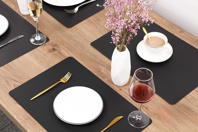 Wipeable Placemats Leather Table Mats Waterproof Heat-Resistant Easy to Clean for Dining Table Set Kitchen Table (2, Black)