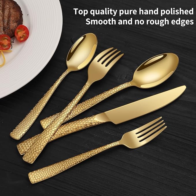 Remoxye 40-Piece Silverware Set, Gold Hammered Stainless Steel Flatware Sets for 8, Food-Grade Tableware Set, Including Fork Knife Spoon Set, Durable Home Kitchen Cutlery Sets, Dishwasher Safe, RX357