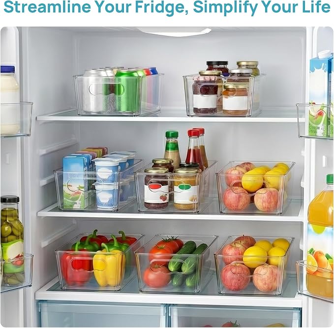 Vtopmart 6pcs Clear Storage Bins with Handles | BPA-free Plastic Storage Containers, Easy to Move, For Fridge Freezer, Pantry Cabinet Kitchen Organization, Built to Last