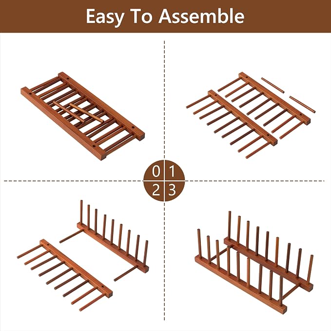 HBlife Teak Dish Plate Bowl Cup Book Pot Lid Cutting Board Drying Rack Stand Drainer Storage Holder Organizer Kitchen Cabinet（Keep Dry） | 8 Slots, Vertical Dish Racks for Cabinet Countertop & Wall, Plate Pot Lid Cutting Board Holder, Bowl Cup Drainer, ...