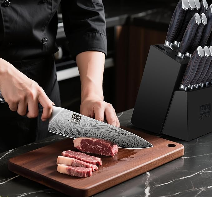 SHAN ZU 16 Pieces Knife Set, Knife Block Set in Powder Steel | Ultra Sharp Kitchen Knives Set, Japanese Knife Set with Ergonomic Pakkawood Handle, Chef Knife Set for Kitchen Cooking