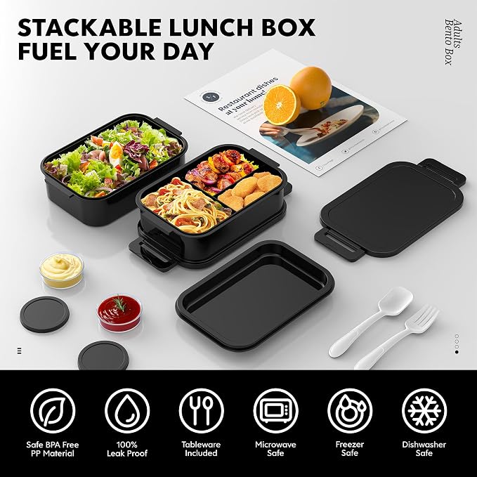 Adult Bento Box Lunch Box - Large Style Stackable Bento Lunch Box for Adults, 72oz All-in-One 3 Layers Bento Boxes Leak-Proof Lunchbox with Utensil Sauce Containers for Dining Out,Work, Black