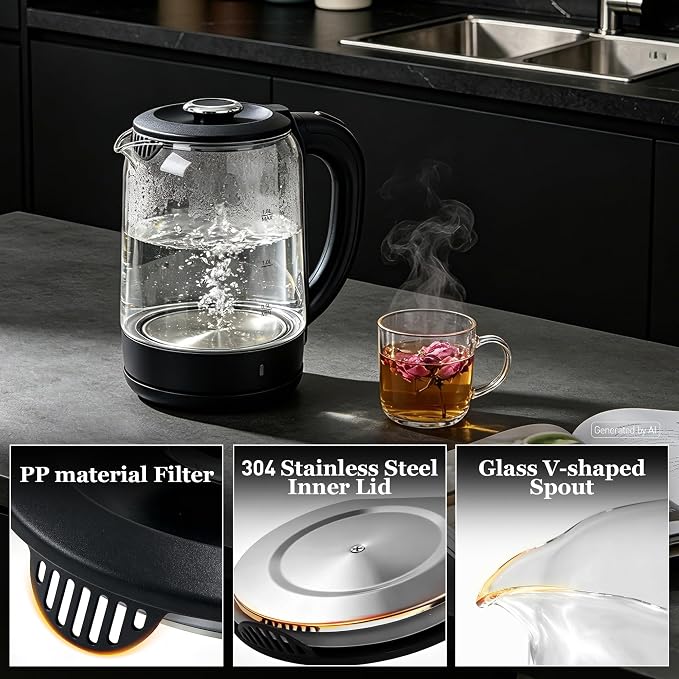 1.8L Glass Electric Kettle for Tea and Coffee | 1000W Rapid Boil Hot Water Kettle, Borosilicate Glass, Auto Shut-Off, BPA Free, Easy Cleaning, Cordless 360°Swivel Base
