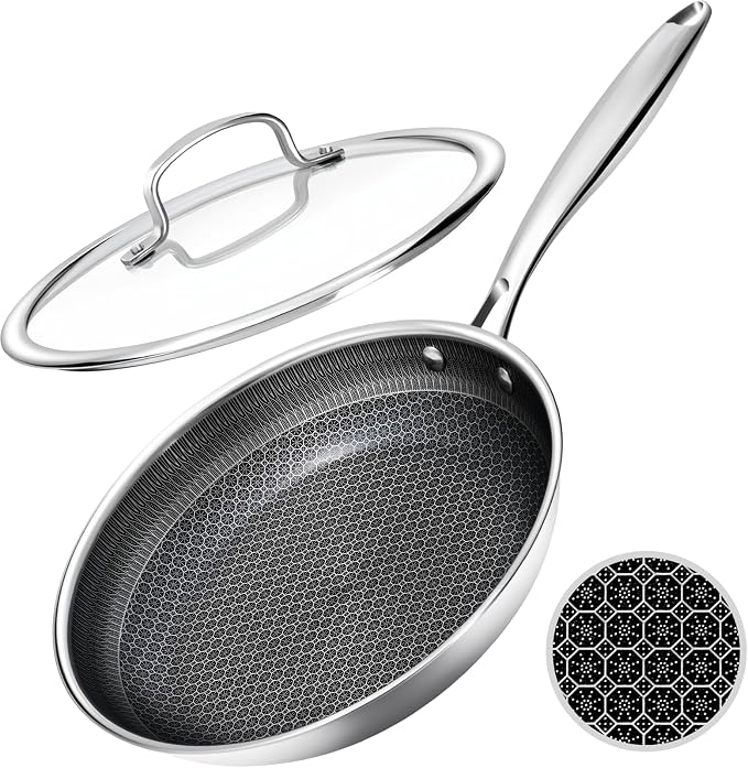 USELUCK Hybrid Non stick Frying Pans with Glass Lid, 12-Inch Frying Pan. | Stainless Steel Skillet with Honeycomb Surface,Oven-Safe,PFAS-Free,Compatible with All Cooktops.