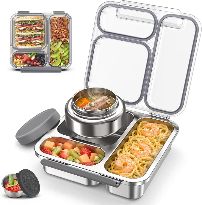 Stainless Steel Bento Box Kids Adult with 7oz Soup Thermo, Transparent Lid 3 Compartments Metal Bento Lunch Box with Insulated Food Jar,Lunch Box Container Sauce Cup for School,BPA-Free(Grey)