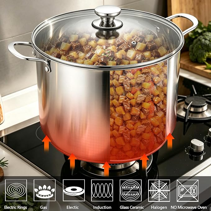 P&P CHEF 24 Quart Stock Pot with Lid, 24 Qt Large Stainless Steel Stockpot | Good for Cooking Pasta Soup, Cookware for Induction Gas Electric Stoves, Visible Lid & Measuring Markings, Dishwasher Safe