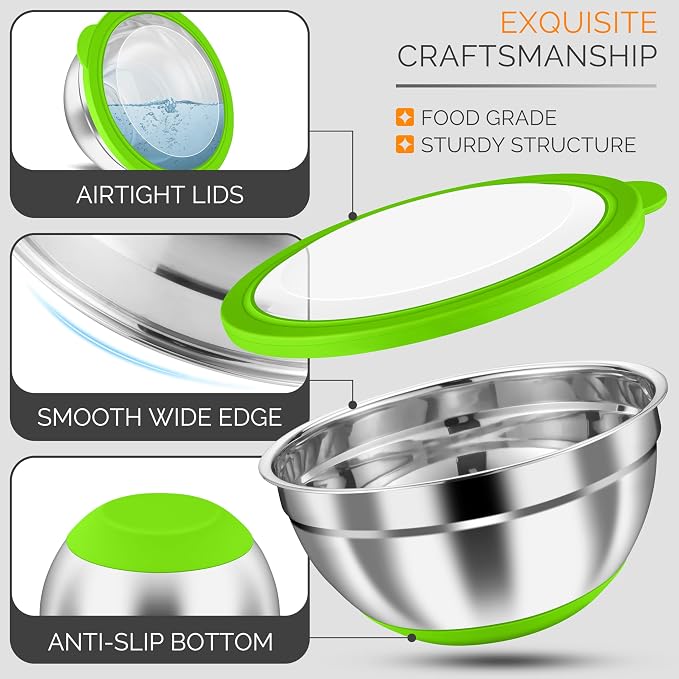 HaWare Mixing Bowls, 24-Piece Stainless Steel Salad Serving Bowl with Airtight Clear Lids, Metal Nesting Bowl For Kitchen Cooking Prepping Storing with 3 Graters, 4.6/2.6/1.5/1/0.7 QT, Colorful