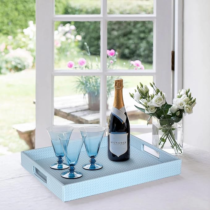 HofferRuffer Rectangle Serving Tray with Hole Handles for Coffee Table, Breakfast, Tea, Food, Butler - Countertop, Kitchen, Vanity Serve Tray, 16.2 x 12.2 x 2 inches, Faux Leather (LightBlue)