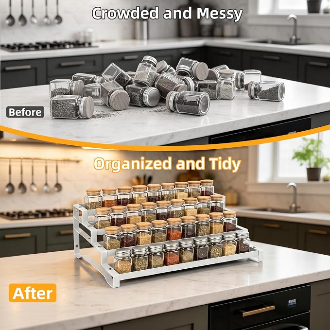 Spice Rack Organizer for Cabinet, 13-21.5" Expandable Spicy Shelf | 11.6" Depth 4-Tier White Metal Seasoning Organizer, Kitchen Spice Organization, Slip-Resistant Guardrails for Jars and Cans