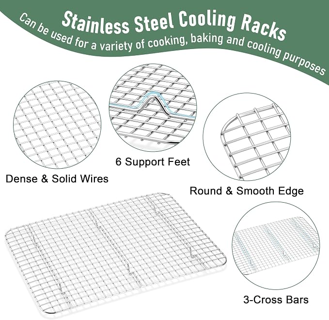 Homikit Jelly Roll Pan with Cooling Rack Set (2 Pans+2 Racks), 16" x 12" | Stainless Steel Baking Sheet Tray with Wire Grid Rack, Cookie Bacon Pan for Oven Cooking Roasting, Rust Proof & Nonstick