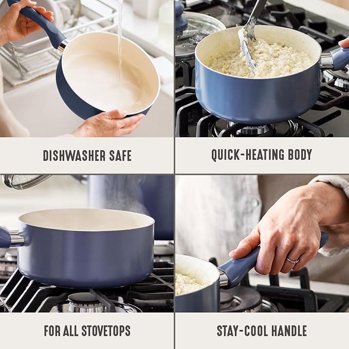 GreenLife 2QT Ceramic Nonstick Saucepan with Lid, Slate Blue | PFAS-Free Ceramic Nonstick Coating, Soup Pot, Induction Ready, All Stovetop Compatible, Stay-Cool Handles, Dishwasher Safe