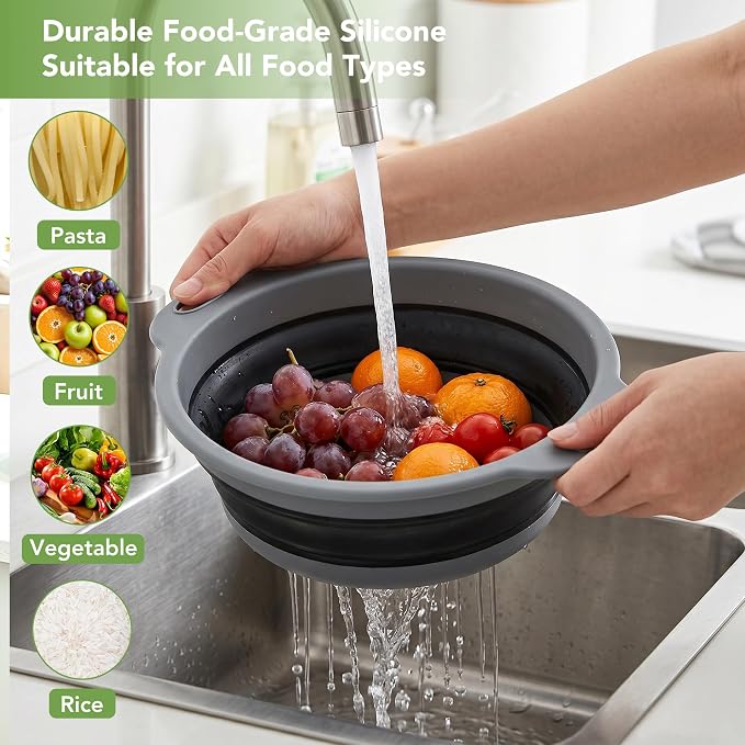 3-Pack Collapsible Colander for Kitchen with Self-Draining Base Foldable Strainers Set Round Silicone Food Drainer for Pasta Fruits and Vegetables (3QT, 4QT and 5QT), Black