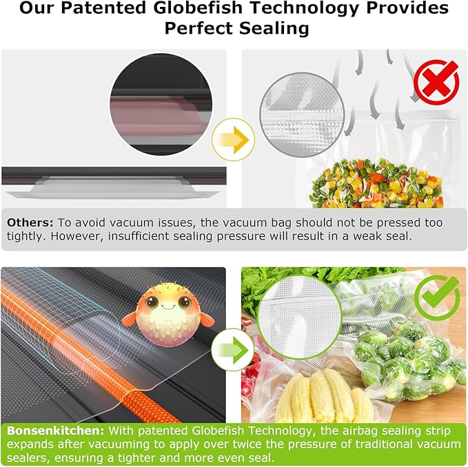 Bonsenkitchen Vacuum Sealer with Easy Handle Design,1 Bag Roll & 10 Bags | Powerful Suction Food Vacuum Sealer, Low-Noise, Fast Continuous Sealing for Bulk Buy, Built-in Cutter & Bag Storage, Black