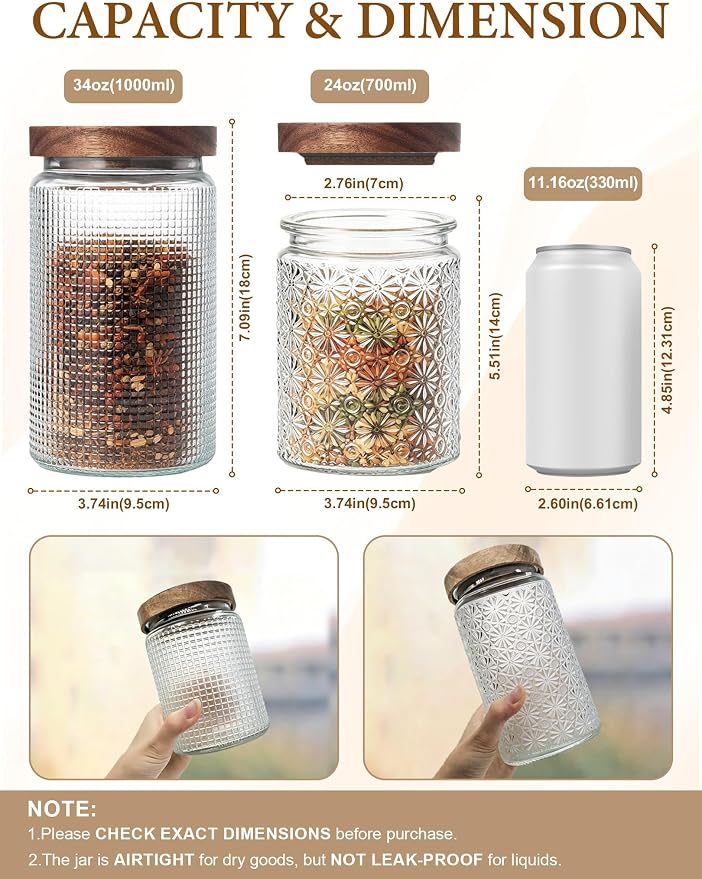 Vintage Glass Jars with Wood Lids - 24 OZ Airtight Storage Container for Kitchen Pantry Bathroom, Decorative Canisters for Coffee Beans, Brown Sugar, Cookie, Candy, Tea Bag, Dog Treat, Flour