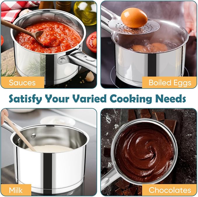 P&P CHEF 2 Qt Saucepan with Lid, Stainless Steel Small Cooking Pot, 1 Pan | Sauce Pan for Pasta, Soup, Tri-ply Base for Induction, Gas, Ceramic, Oven & Dishwasher Safe, Ergonomic Handle & Multi-use