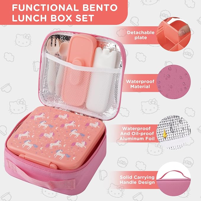 MAISON HUIS Bento Lunch Box with 8oz Soup Thermo, 5-Compartment Leak-Proof Container, Thermo Hot Food Jar and Insulated Lunch Bag, BPA Free,Travel, School (Pink Horse)