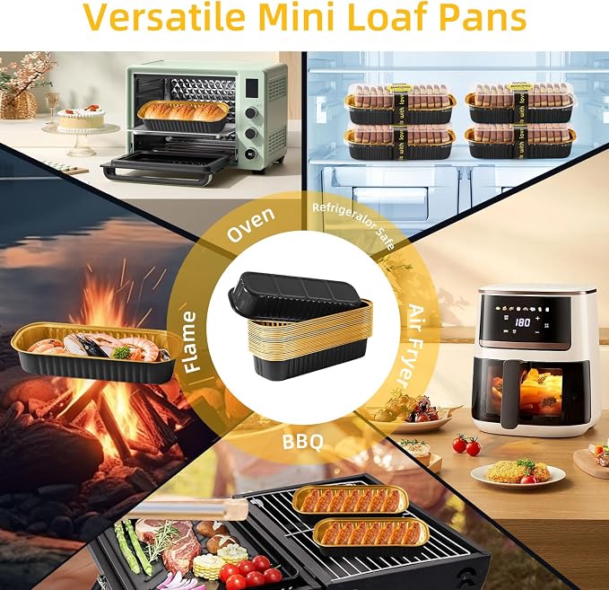 100 Pack 6.8 oz Rectangular Mini Loaf Pans with Lids and Spoons,Disposable Aluminum Foil Mini Cake Pans and Baking Tins with Sealing Stickers, Individual Black Dessert Containers for Parties