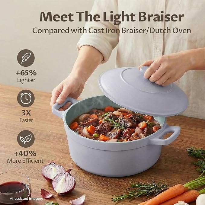 BEZIA 5.7 QT Lightweight Ceramic Nonstick Dutch Oven with Lid, Stock Pot | Versatile Cooking Pot for Soup, Family Stew & Braising, Oven Safe Casserole, Induction Ready, Easy to Clean, for 3-5 People