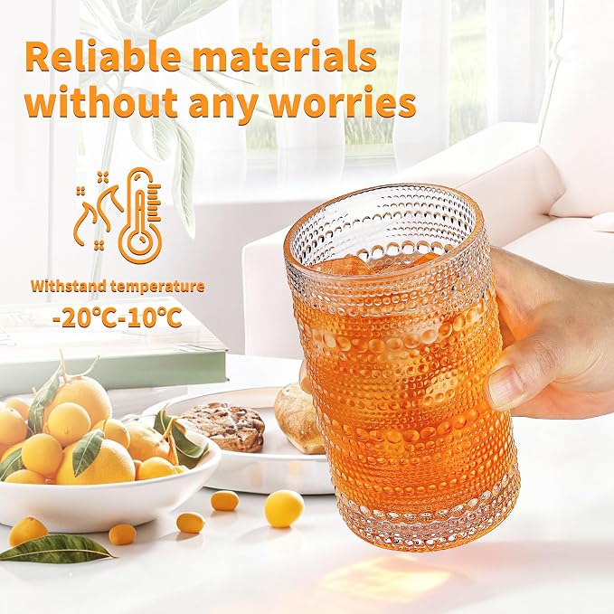 Vintage Hobnail Drinking Glasses Set of 4, 16 Oz Glass Cups with Embossed Retro Design, Clear Glass Tumblers Water Glasses for Kitchen, Cocktail, Beer, Juice, Whiskey, Milk and Everyday Drinks