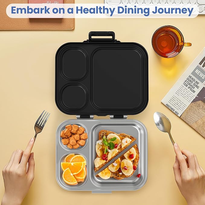Pawtong Stainless Steel Bento Lunch Box for Kids | 3-Compartment Lunch Box Container Kids | 100% Leakproof, Eco-Friendly, Perfect Portion Control for Kids&Adult Healthy Meals (Black)