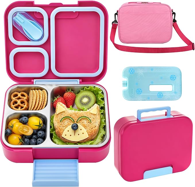 Kids Stainless Steel Bento Lunch Box Adult Girl Food Container Set with Bag | Stainless Steel Bento Lunch Box Kids Container Set Girls Boys Teens with Insulated Lunch Bag and Ice Pack for School Office