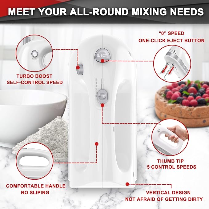 Lord Eagle Hand Mixer Electric Handheld 400W 5-Speed Lightweight | Kitchen Mixer with Storage Case, 5 Stainless Steel Attachments for Baking Cake Egg Cream Food Beater, Turbo+Eject Button