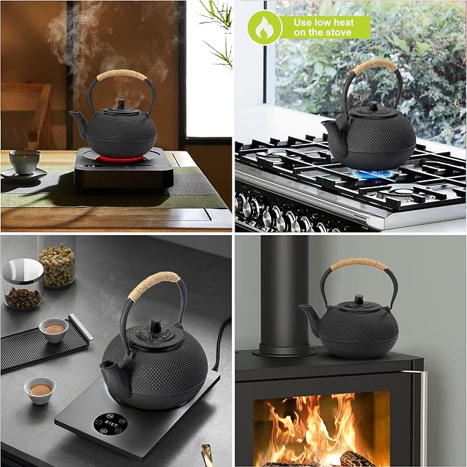 suyika Japanese Tetsubin Cast Iron Teapot Tea Kettle pot with Stainless Steel Infuser for Stovetop Safe Coated with Enameled Interior 30 oz/900 ml